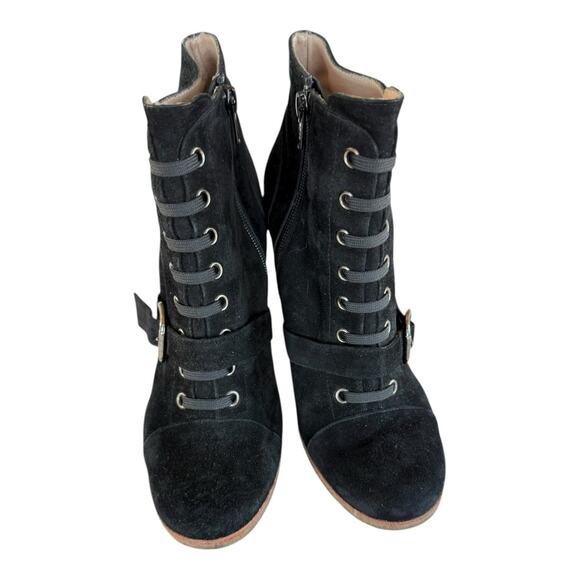 Rebecca Sanver Black Suede Booties Sz 6.5 Amber Lucite Heels Anthropologie EUC - Picture 2 of 12